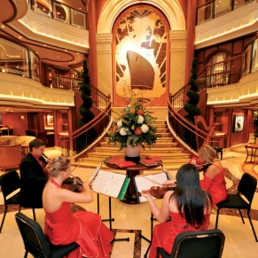 Cunard Queen Elizabeth. Naming Ceremony. Grand Lobby with Musicians.